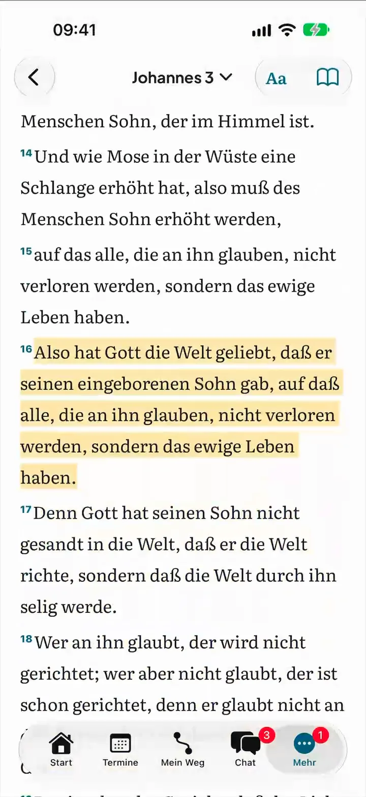 CIVITAS-App: Johannes 3 mit hervorgehobenem Vers 16