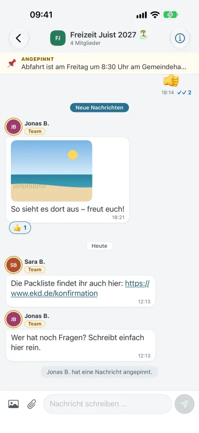 Gruppenchat mit angepinnter Nachricht und Foto