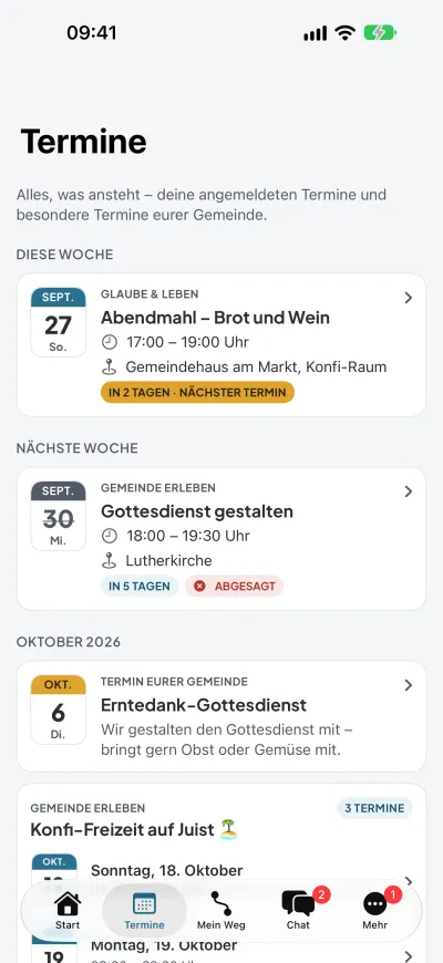 Terminliste mit Anmeldung und Status